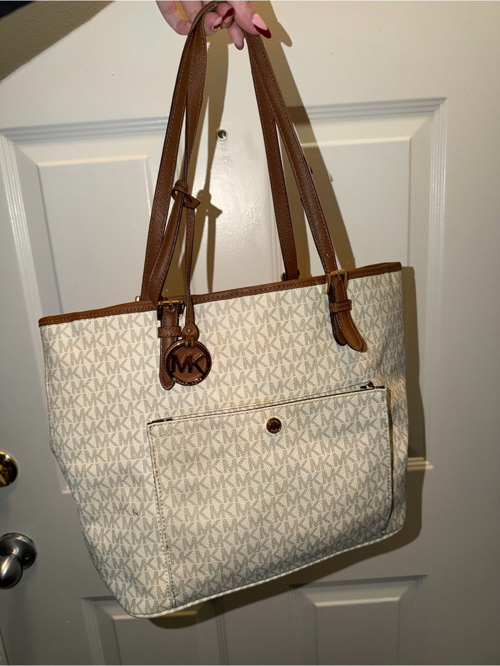 Michael Kors Beige Monogram Tote with Brown Trim